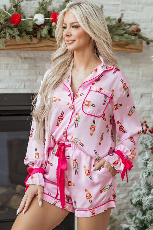 Ribbon Tie Sleeve Nutcracker Pajama Set