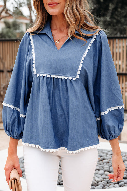 Ric Rac Trim Puff Sleeve Collared Babydoll Blouse