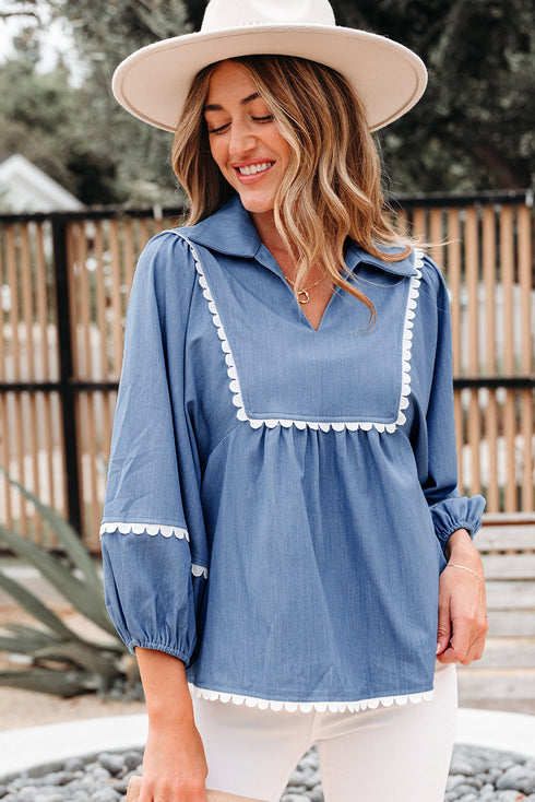 Ric Rac Trim Puff Sleeve Collared Babydoll Blouse