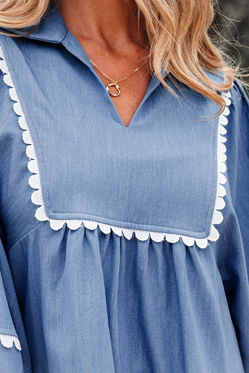 Ric Rac Trim Puff Sleeve Collared Babydoll Blouse