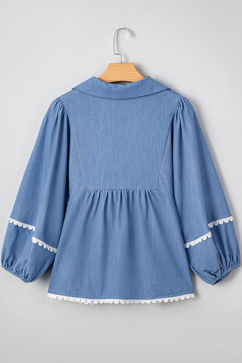 Ric Rac Trim Puff Sleeve Collared Babydoll Blouse