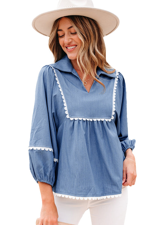 Ric Rac Trim Puff Sleeve Collared Babydoll Blouse