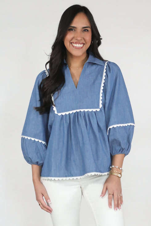 Ric Rac Trim Puff Sleeve Collared Babydoll Blouse