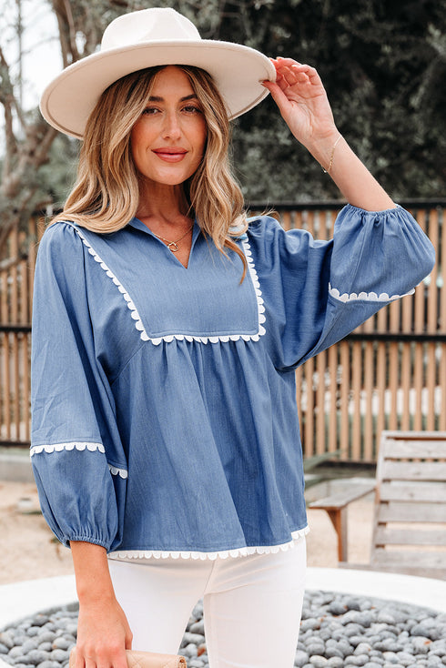 Ric Rac Trim Puff Sleeve Collared Babydoll Blouse