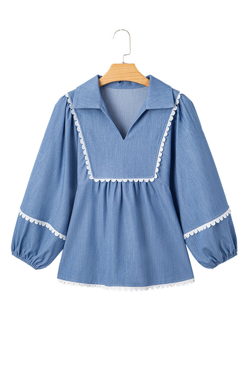 Ric Rac Trim Puff Sleeve Collared Babydoll Blouse