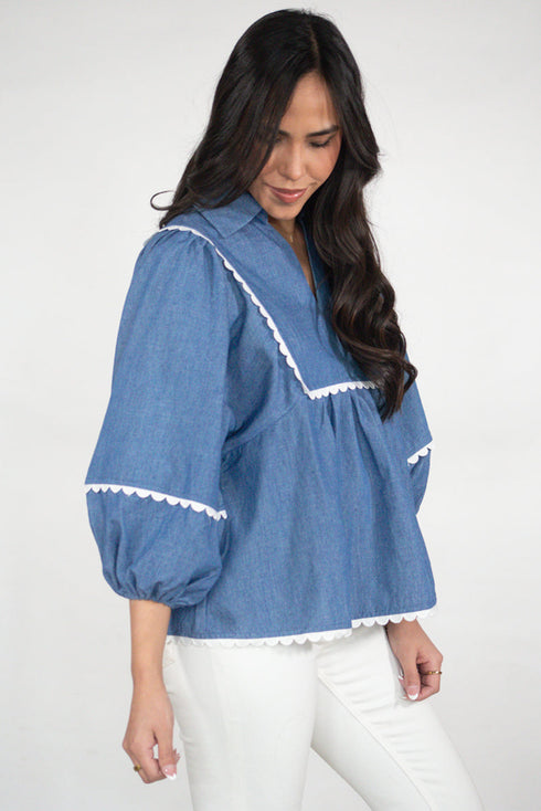 Ric Rac Trim Puff Sleeve Collared Babydoll Blouse