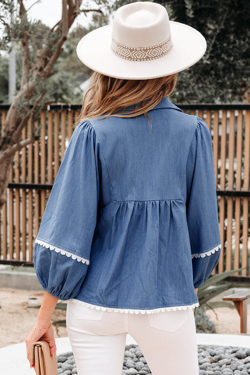 Ric Rac Trim Puff Sleeve Collared Babydoll Blouse