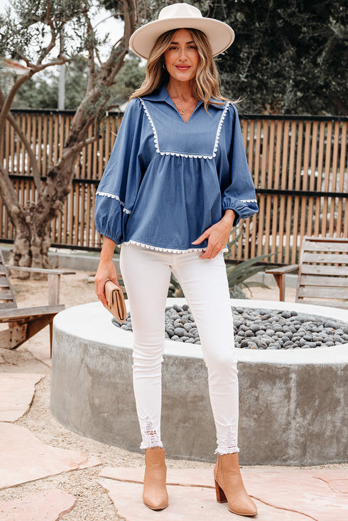 Ric Rac Trim Puff Sleeve Collared Babydoll Blouse