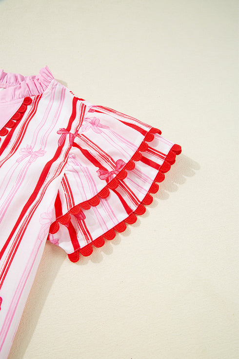 Ric-rac Trim Ruffled Sleeve V Neck Bow Striped Blouse