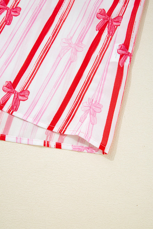 Ric-rac Trim Ruffled Sleeve V Neck Bow Striped Blouse