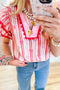 Ric-rac Trim Ruffled Sleeve V Neck Bow Striped Blouse