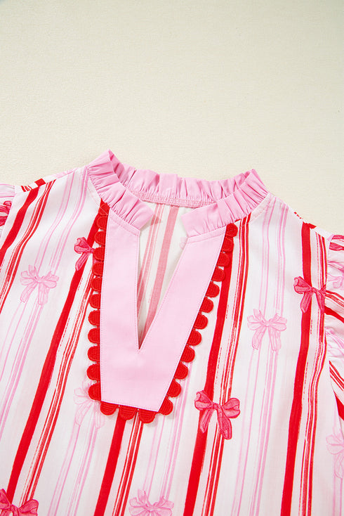 Ric-rac Trim Ruffled Sleeve V Neck Bow Striped Blouse