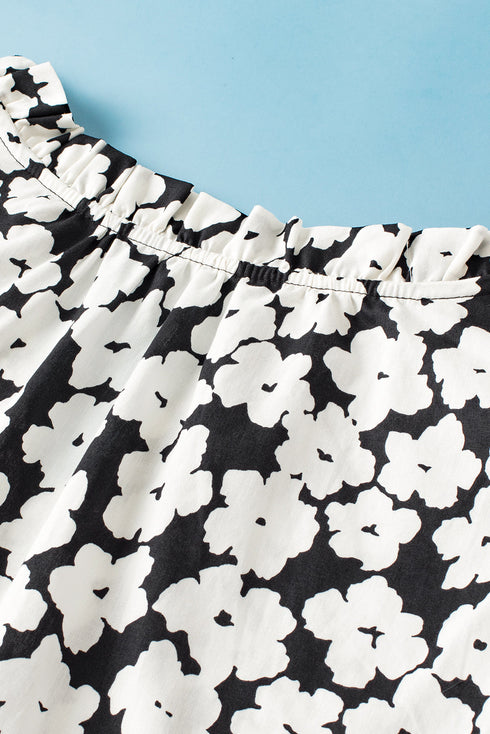 Ric Rac Trimmed Floral Print Ruffle Sleeve Cotton Blouse
