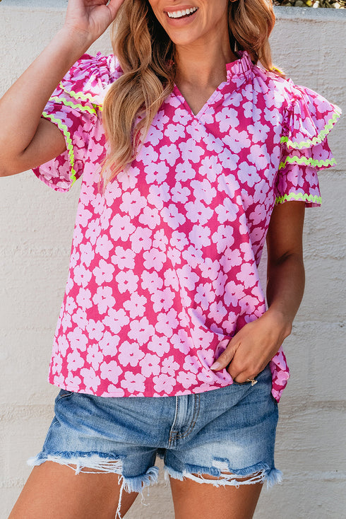 Ric Rac Trimmed Floral Print Ruffle Sleeve Cotton Blouse