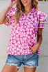 Ric Rac Trimmed Floral Print Ruffle Sleeve Cotton Blouse