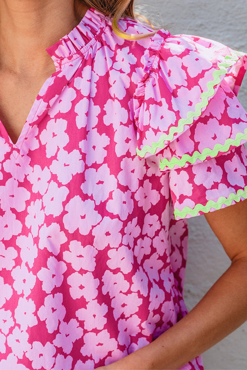 Ric Rac Trimmed Floral Print Ruffle Sleeve Cotton Blouse