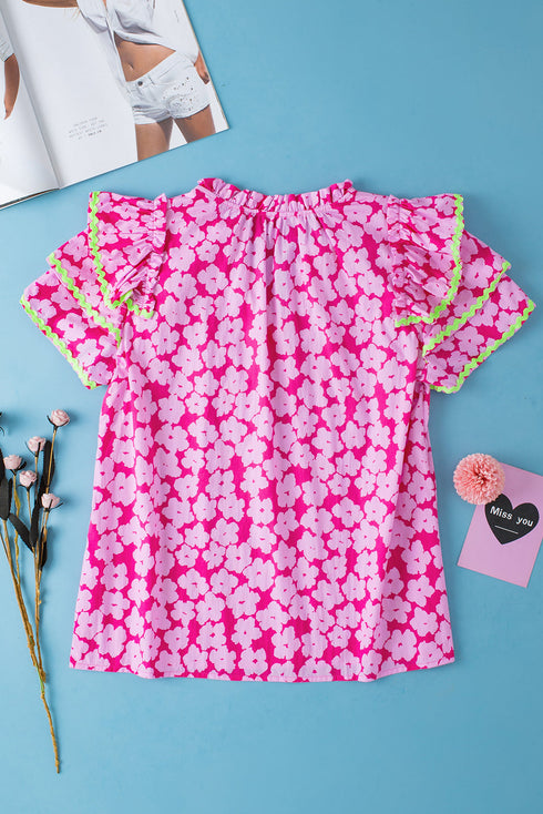 Ric Rac Trimmed Floral Print Ruffle Sleeve Cotton Blouse