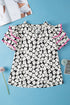 Ric Rac Trimmed Floral Print Ruffle Sleeve Cotton Blouse