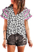 Ric Rac Trimmed Floral Print Ruffle Sleeve Cotton Blouse