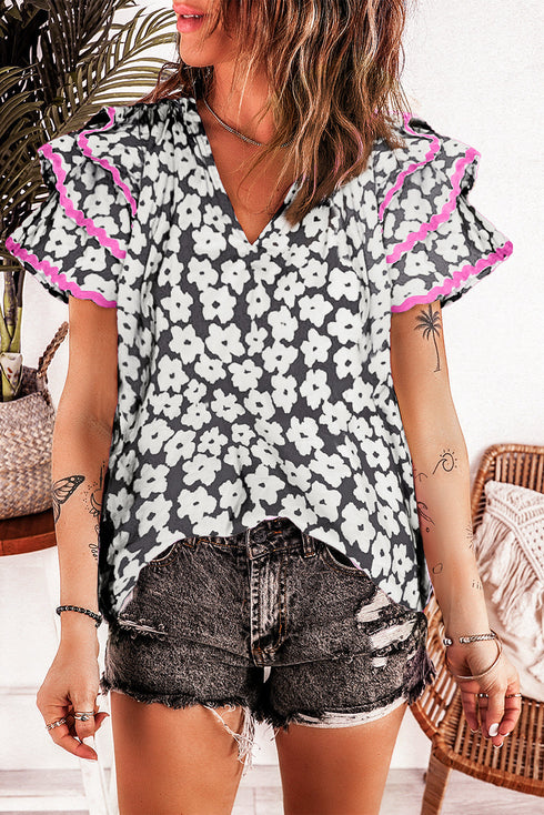 Ric Rac Trimmed Floral Print Ruffle Sleeve Cotton Blouse