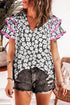 Ric Rac Trimmed Floral Print Ruffle Sleeve Cotton Blouse