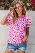 Ric Rac Trimmed Floral Print Ruffle Sleeve Cotton Blouse
