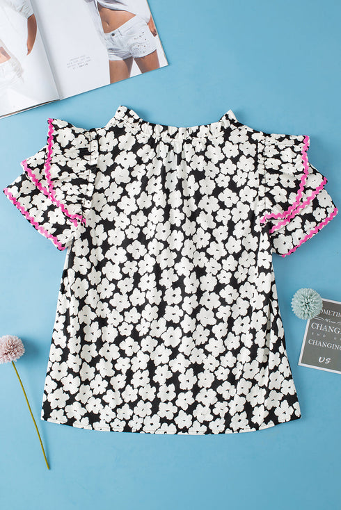 Ric Rac Trimmed Floral Print Ruffle Sleeve Cotton Blouse