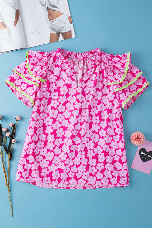 Ric Rac Trimmed Floral Print Ruffle Sleeve Cotton Blouse