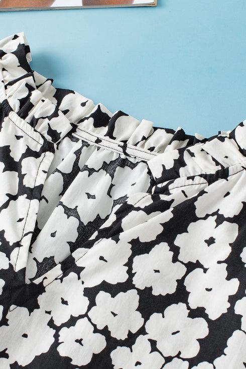 Ric Rac Trimmed Floral Print Ruffle Sleeve Cotton Blouse