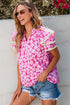 Ric Rac Trimmed Floral Print Ruffle Sleeve Cotton Blouse