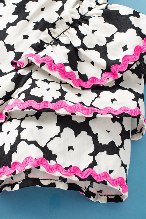 Ric Rac Trimmed Floral Print Ruffle Sleeve Cotton Blouse