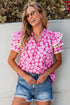 Ric Rac Trimmed Floral Print Ruffle Sleeve Cotton Blouse