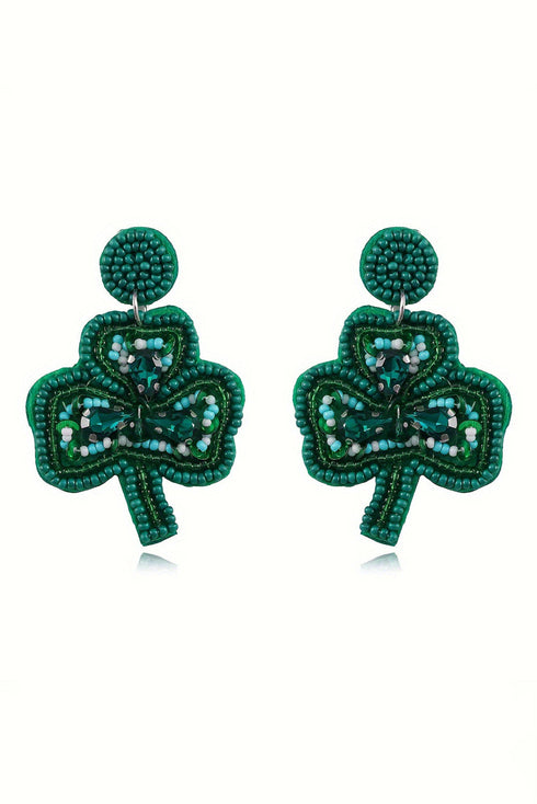 Rice Beaded Three Leaf Clover Stud Earrings