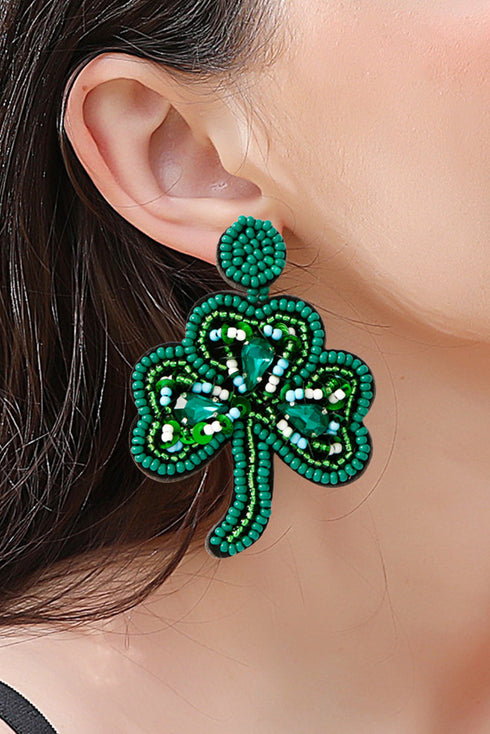 Rice Beaded Three Leaf Clover Stud Earrings