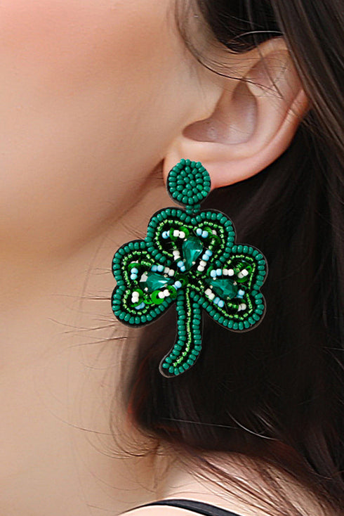 Rice Beaded Three Leaf Clover Stud Earrings