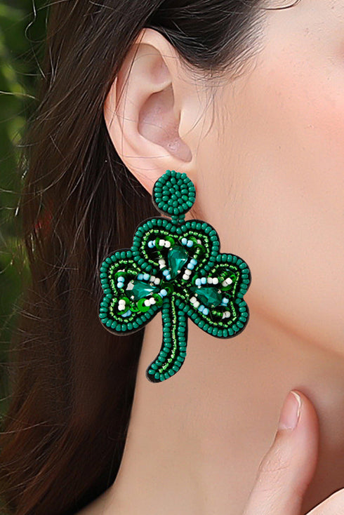 Rice Beaded Three Leaf Clover Stud Earrings