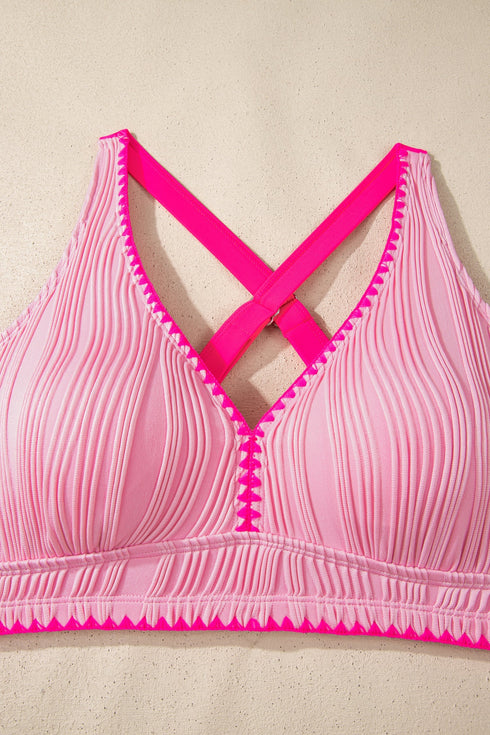 Rick Rack Trim Textured V Neck High Waist Bikinis