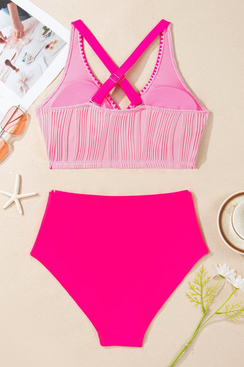 Rick Rack Trim Textured V Neck High Waist Bikinis