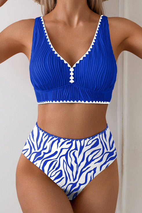 Rick Rack Trim Textured V Neck High Waist Bikinis