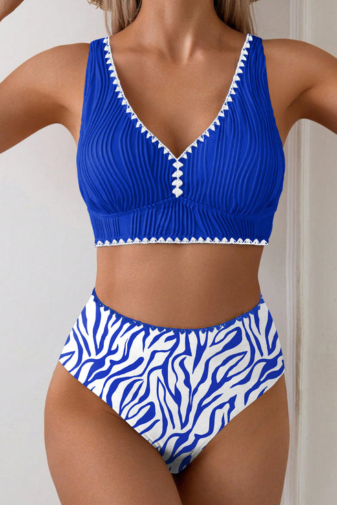 Rick Rack Trim Textured V Neck High Waist Bikinis