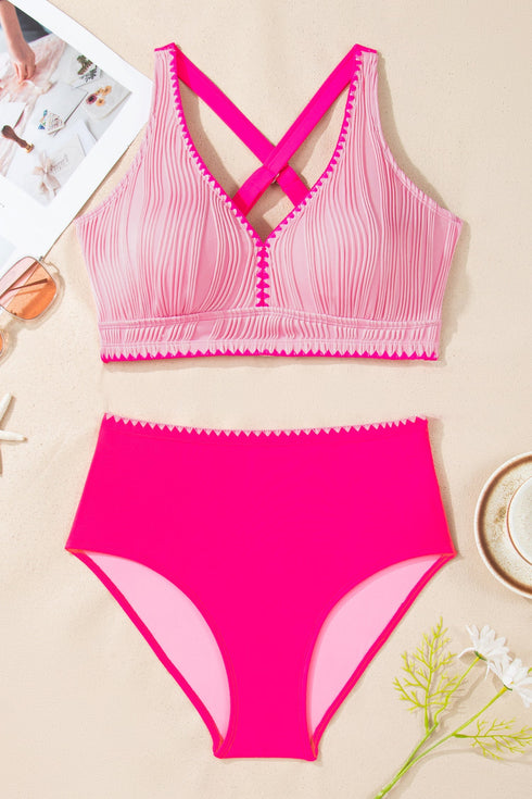 Rick Rack Trim Textured V Neck High Waist Bikinis