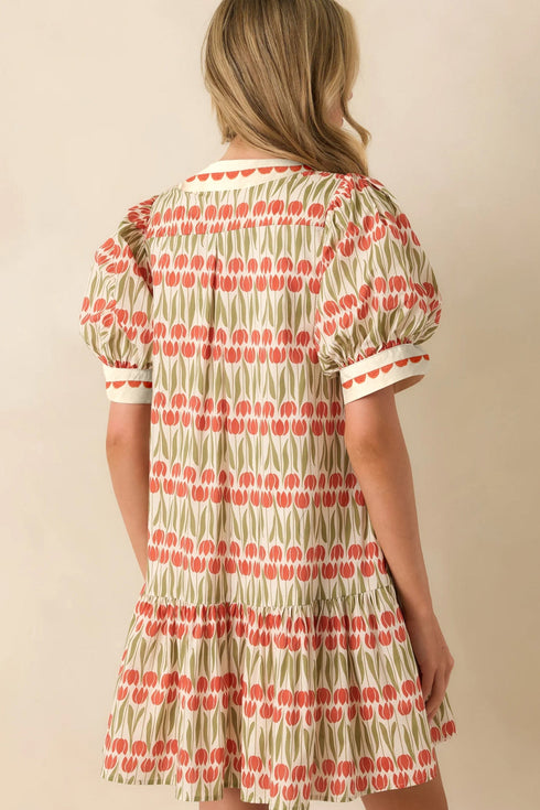 Rick Rack Tulip Print Puff Sleeve Cotton Floral Dress