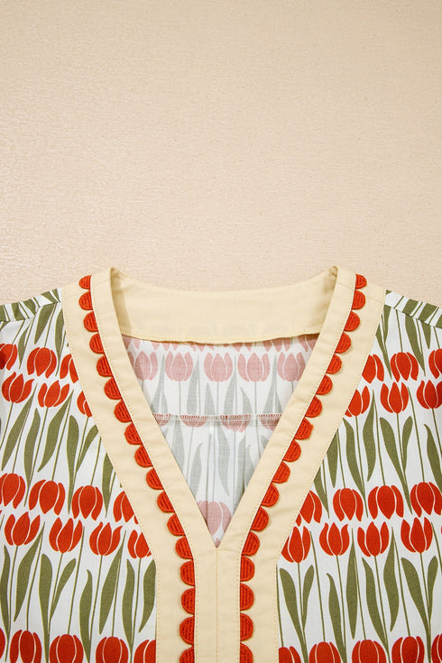 Rick Rack Tulip Print Puff Sleeve Cotton Floral Dress