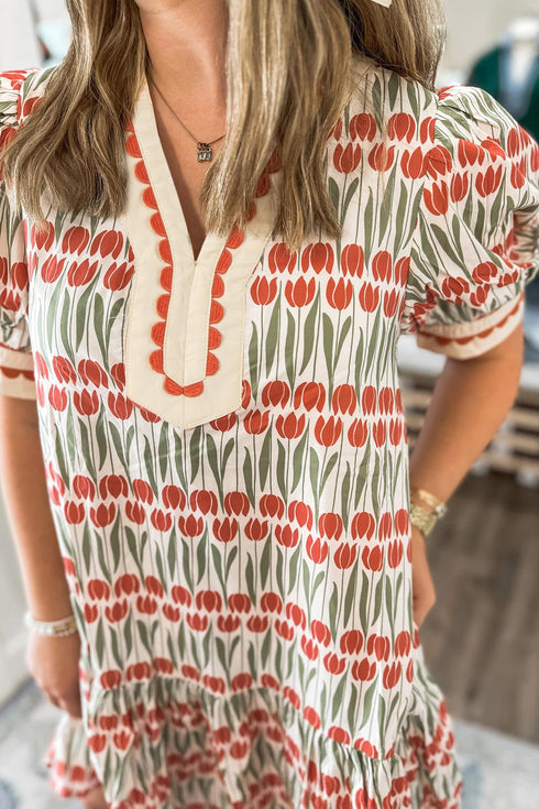 Rick Rack Tulip Print Puff Sleeve Cotton Floral Dress