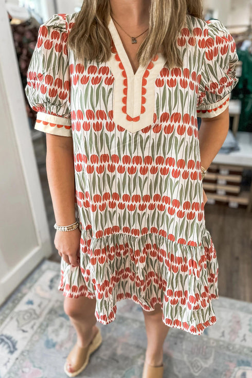 Rick Rack Tulip Print Puff Sleeve Cotton Floral Dress