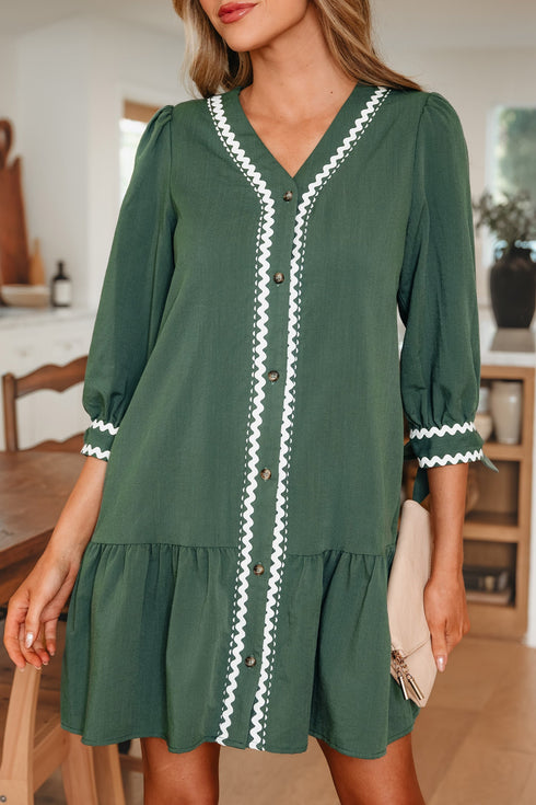 Ricrac Trim Button V Neck Knotted Sleeve Shift Mini Dress