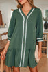 Ricrac Trim Button V Neck Knotted Sleeve Shift Mini Dress