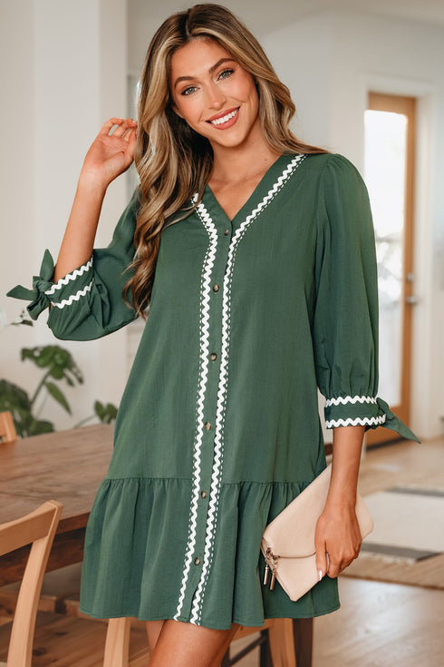 Ricrac Trim Button V Neck Knotted Sleeve Shift Mini Dress