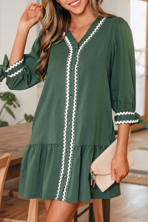 Ricrac Trim Button V Neck Knotted Sleeve Shift Mini Dress