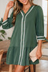 Ricrac Trim Button V Neck Knotted Sleeve Shift Mini Dress
